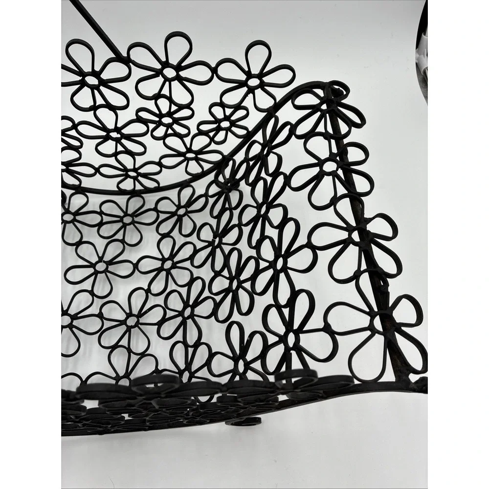 Black Metal Floral Wire Basket Daisy Cutout Decorative Handle Cottagecore MCM
